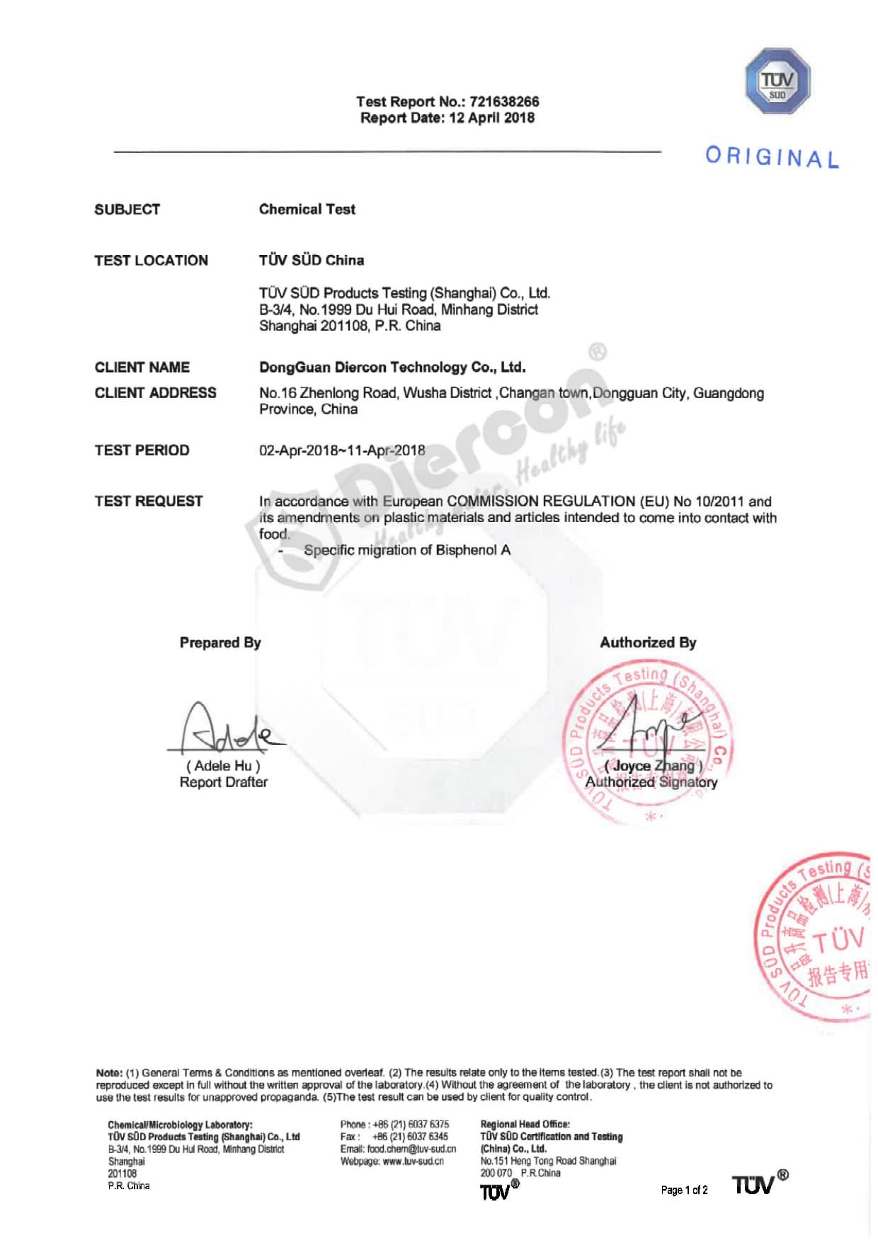Bisphenol A Migration Test Report